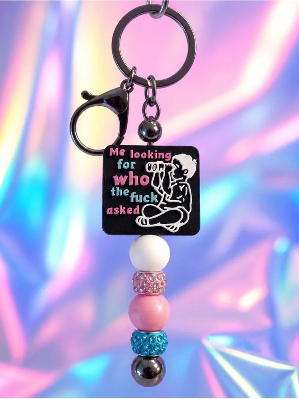 Black Enamel Keychain Charm with Pink, White & Blue Beads